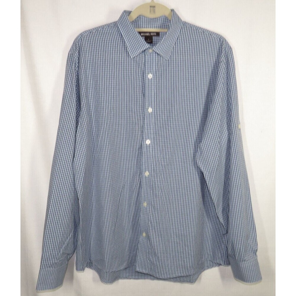 Michael Kors Men's Blue Plaid Cotton Button Up Long Sleeve Dress Shirt Size L